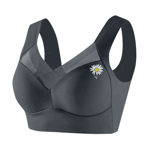 KHONTS Plus Size Wireless Bras for Women Sheer Trim Push up Lush Liftting Padded Bra Seamless Breathable Full Coverage Bralettes for Everyday Wear(Daisy Graphic) Grey XXL