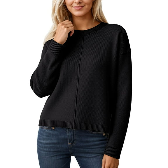 KHONTS Pullover Sweaters for Women Fall Crewneck Slouchy Long Sleeve Sweater Loose Casual Knit Tops Winter Clothes 2025 Black S