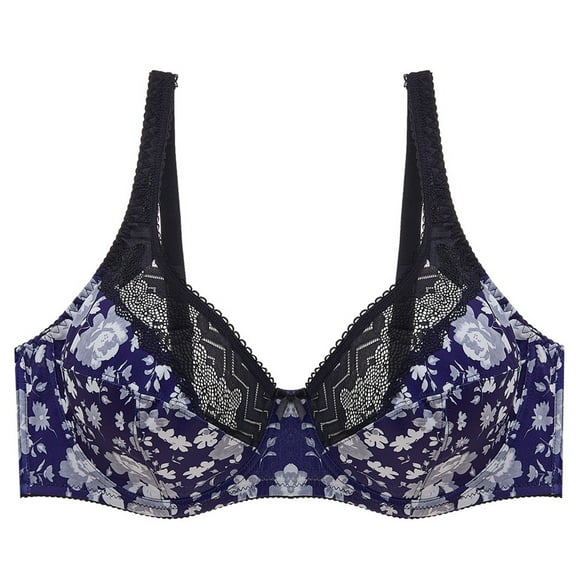 KHONTS Push up Bras for Women Lace Trim High Supportive Plunge Bra Plus Size Lifting Wireless Floral Printed Bralettes Blue 38