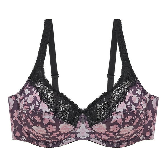 KHONTS Push up Bras for Women Lace Trim High Supportive Plunge Bra Plus Size Lifting Wireless Floral Printed Bralettes Coffee 46