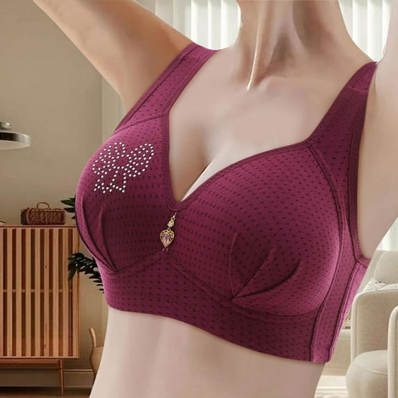 KHONTS Push up Bras for Women Plus Size Gathering Wireless Plunge V-Neck Bra Breathable Soft Comfy Padded Bralettes for Everyday Wear Red 46