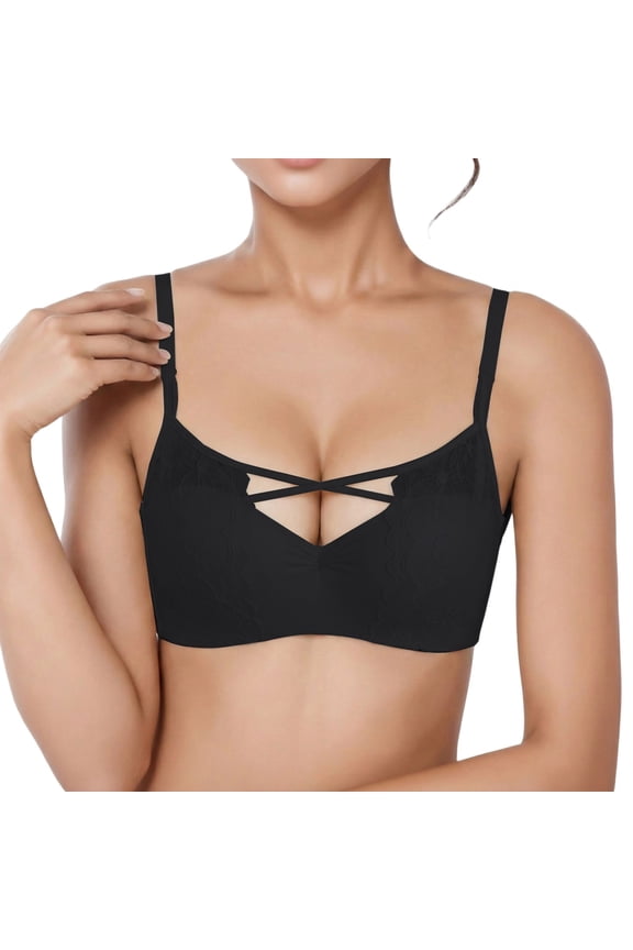 Push up Bras for Women Seamless No Underwire Everyday Bras Supportive Bra Soft Lace Cut out Tshirt Bralettes Black L