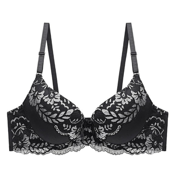 KHONTS Push up Lace Trim Bras for Women Plunge High Supportive Lifting Bra Plus Size Wireless Floral Printed Bralettes Black 80C