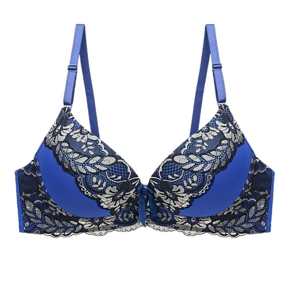 KHONTS Push up Lace Trim Bras for Women Plunge High Supportive Lifting Bra Plus Size Wireless Floral Printed Bralettes Blue 95C
