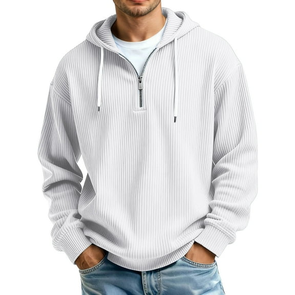 KHONTS Quarter Zip Hoodies for Men Long Sleeve Waffle Solid Color Hooded Sweatshirt Oversized Baggy Classic Pullover Tops White XL