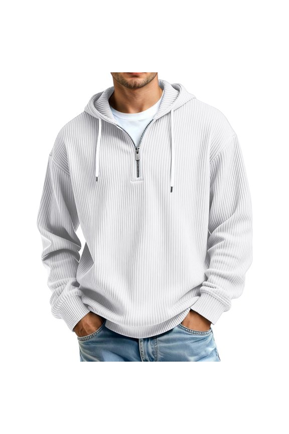 Quarter Zip Hoodies for Men Long Sleeve Waffle Solid Color Hooded Sweatshirt Oversized Baggy Classic Pullover Tops White XXXXL