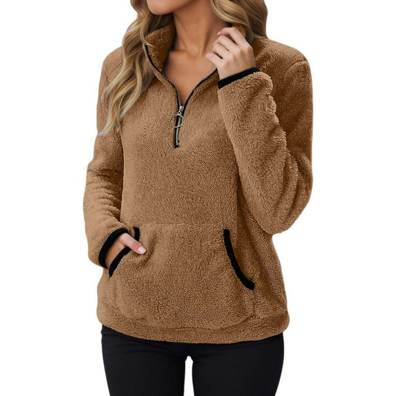 KHONTS Quarter Zip Sweaters for Women Cable Fuzzy Pullover Sherpa Fall Warm Oversized Sweatshirt with Pocket Coffee M