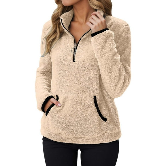 KHONTS Quarter Zip Sweaters for Women Cable Fuzzy Pullover Sherpa Fall Warm Oversized Sweatshirt with Pocket Khaki S