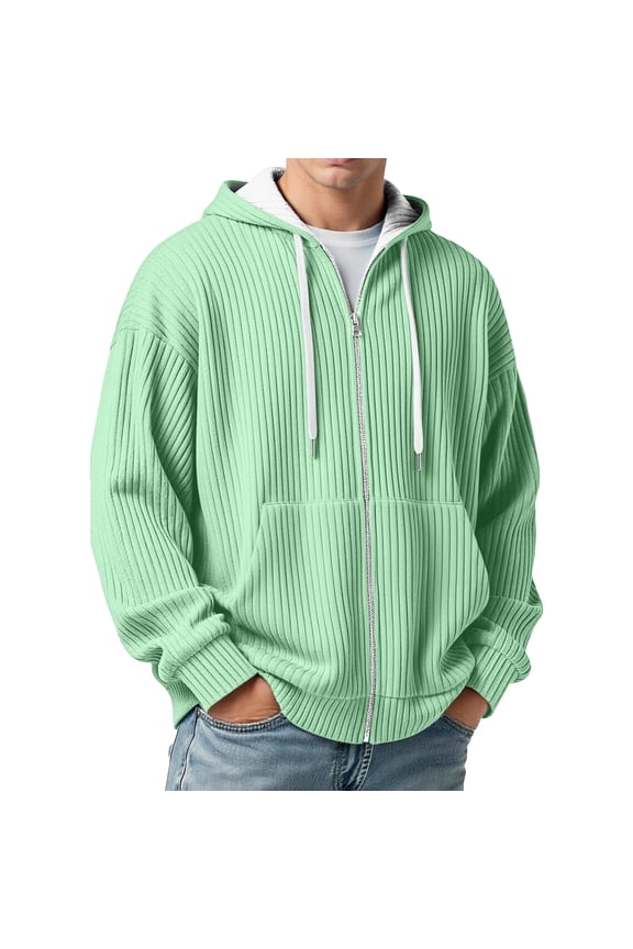 Ribbed Full Zip up Hoodies for Men Corduroy Spring Fall Outerwear Jacket Solid Color Casual Sweatshirts Green XXXXXL