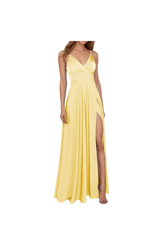 Satin Bridesmaid Dresses for Women Spaghetti Strap A-Line V-Neck Formal Evening Gowns with Slit Yellow XL
