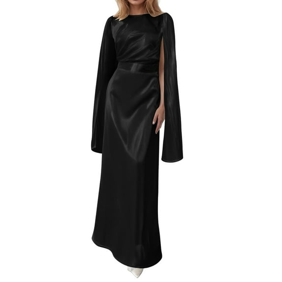 KHONTS Satin Maxi Dress for Woman Elegant Gown Crew Neck Long Sleeve Tunic Dress for Evening Party Black S