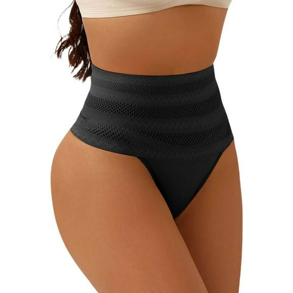 KHONTS,Seamless High Waisted Thong Panty with Lace Stripe for Women Tummy Control Underwears Black XL