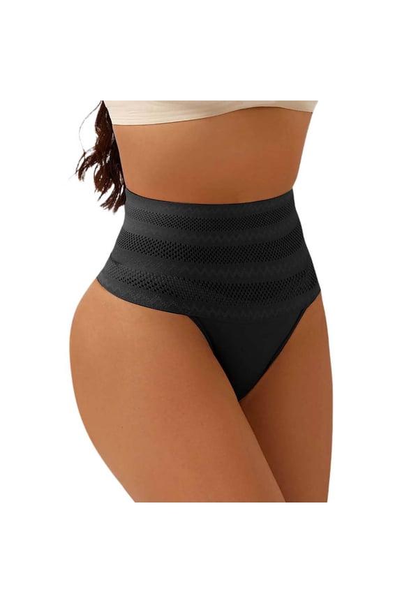 ,Seamless High Waisted Thong Panty with Lace Stripe for Women Tummy Control Underwears Black XXL