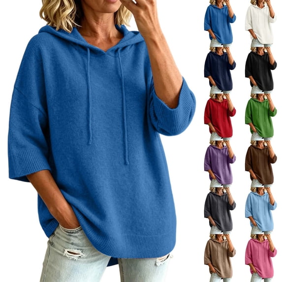KHONTS Short Sleeve Hooded Sweaters for Women Plus Size Hoodies Fall Winter Cozy Knitted Drawstring Soft Pullover Tops Grey XXXL