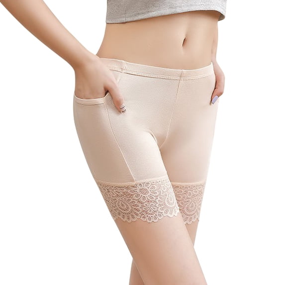 KHONTS Shorts for Under Dresses Anti Chafing Elastic Underwear Lace Shorts for Women with Pockets Beige L
