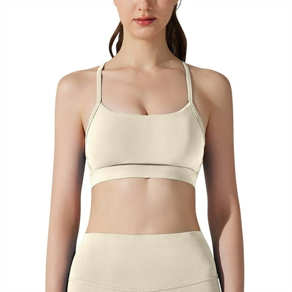 KHONTS Spaghetti Strap Sports Bras for Women Scoop Neck Wireless Padded Bra Criss Cross Back Yoga Workout Crop Tops Beige M