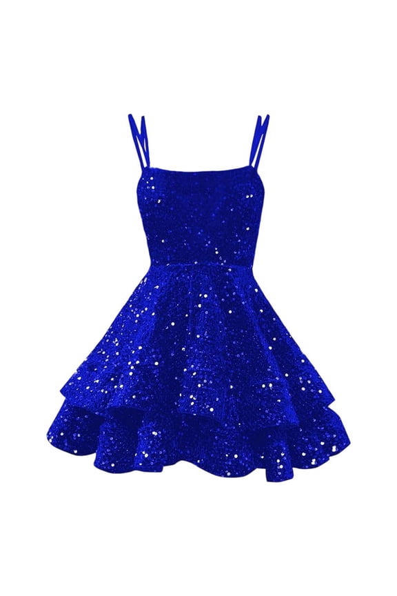 Spaghetti Straps Sequin Homecoming Dresses for Teens Sparkly Tiered Short Prom Dress 2025 Mini Cocktail Party Gown Blue M