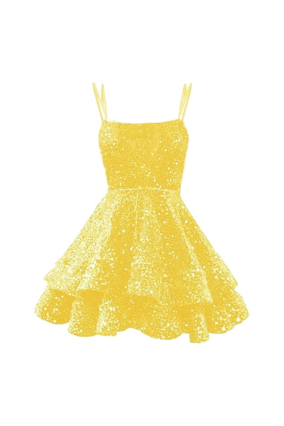Spaghetti Straps Sequin Homecoming Dresses for Sparkly Tiered Short Prom Dress 2025 Mini Party Gown Yellow M