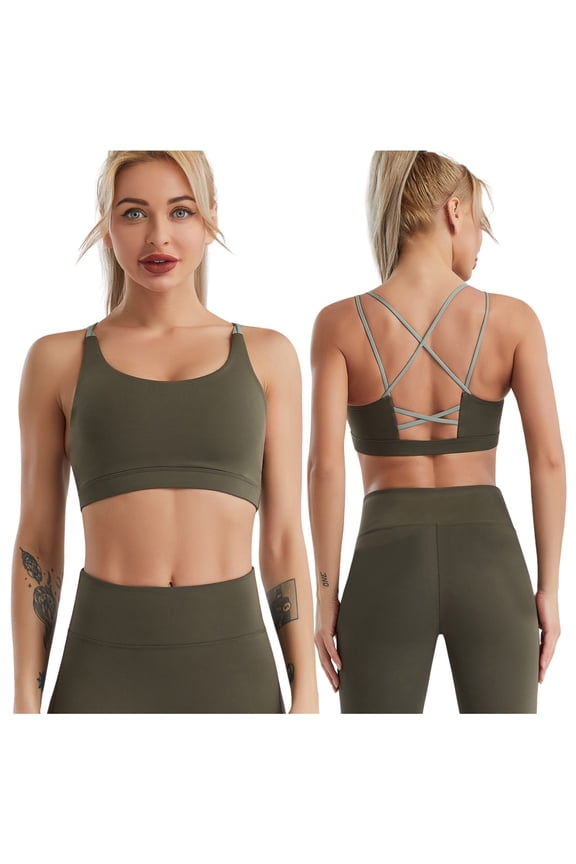 Sports Bras for Women Wireless Tank Top Bralette Seamless Backless Workout Yoga Compression Bra with Padded Army Green L