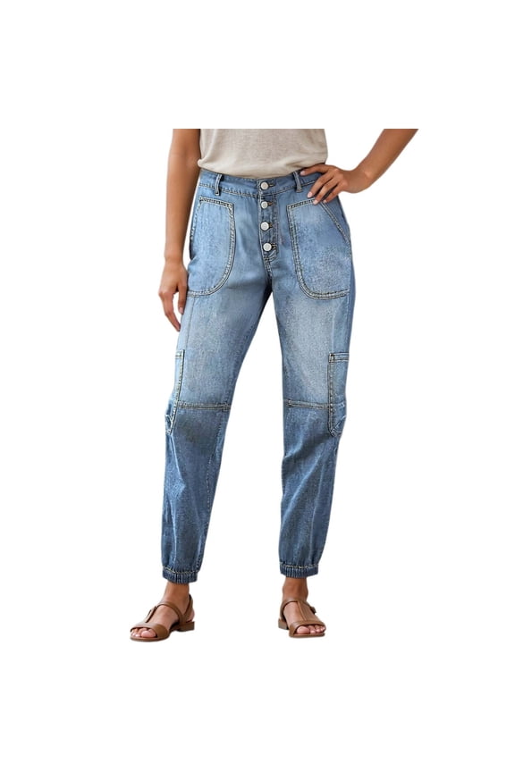 Straight Leg Button Fly Jeans for Women Multi Pocket Mid Rise Jeans Without Belt Denim Pants Blue XXL