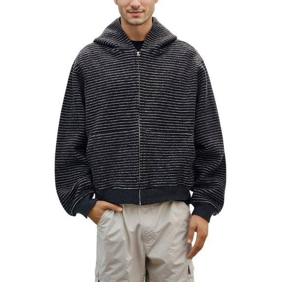 KHONTS Stripe Print Zip up Hoodies for Men Winter Casual Hooded Jacket Fashion Outwear Coat 2025 Trendy Clothes Black S