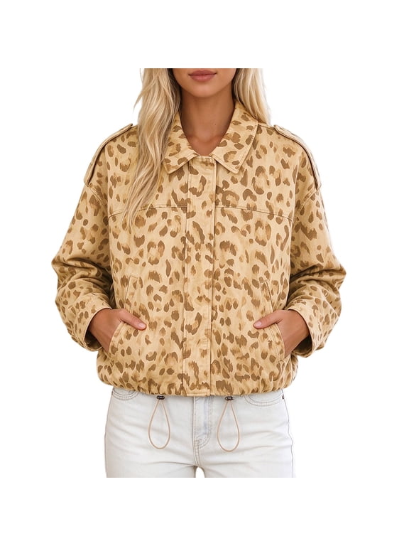 Suede Leopard Jackets for Women Oversized Zip up Bomber Coats Cheetah Print Fall Jackets Khaki S