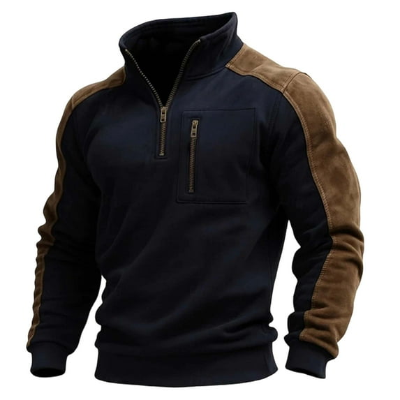 KHONTS Suede Sweatshirt for Men Western Long Sleeve Quarter Zip Pullover Tops Color Block Stand Collar Shirts with Elbow Patches Black M