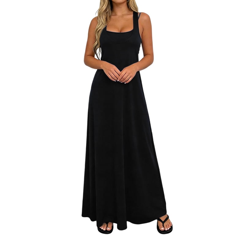 KHONTS Sundress with Built in Bra Women Two Piece Sets Elegant Stretch Cami Maxi Dress Sleeveless A-Line Casual Tank Dresses Black XXL