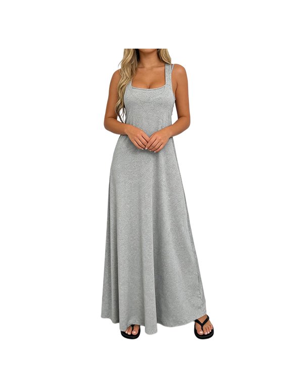 Sundress with Built in Bra Women Two Piece Sets Elegant Stretch Cami Maxi Dress Sleeveless A-Line Casual Tank Dresses Grey S