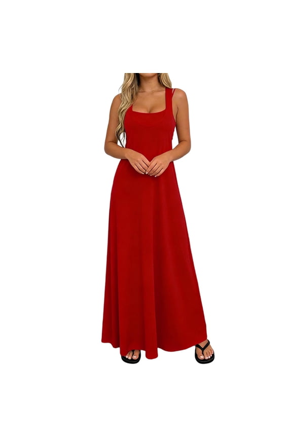 Sundress with Built in Bra Women Two Piece Sets Elegant Stretch Cami Maxi Dress Sleeveless A-Line Casual Tank Dresses Red XL
