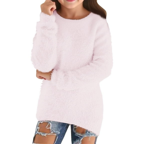 KHONTS Sweaters for Big Girls Fall Fashion Casual Lightweight Long Sleeve Cozy Pullovers Loose Fuzzy Sweater,Sizes 5-16 Years Light Pink 140