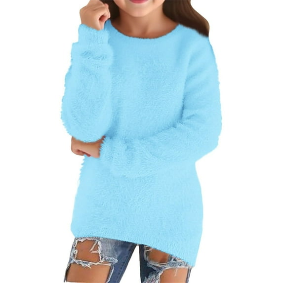 KHONTS Sweaters for Big Girls Fall Fashion Casual Lightweight Long Sleeve Cozy Pullovers Loose Fuzzy Sweater,Sizes 5-16 Years Sky Blue 150
