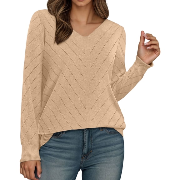 KHONTS Sweaters for Women V Neck Casual Knit Long Sleeve Tops Lightweight Pullover Clothes Fall Fashion Outfits 2025 Beige M