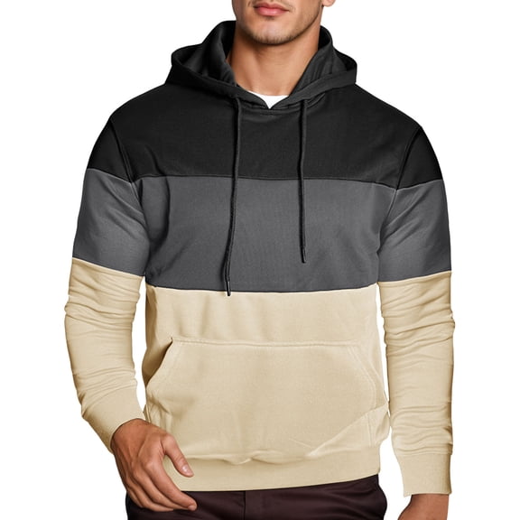 KHONTS Sweatshirts for Men Fashion Color Block Hoodies Long Sleeve Hooded Pullover Casual Tops with Pocket Black L