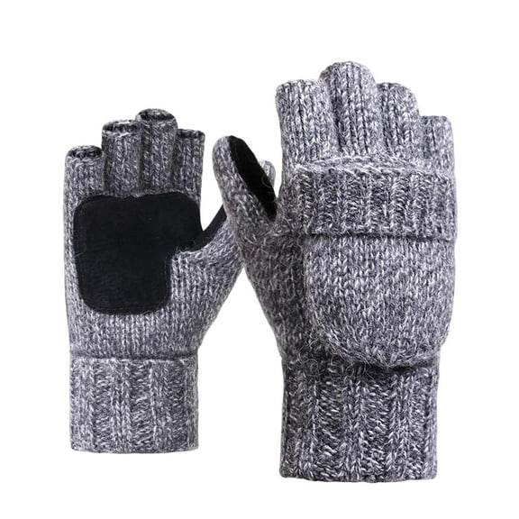 KHONTS Thermal Insulation Fingerless Gloves for Women and Men Winter Warm Knitted Convertible Mittens Flap Light Gray One Size