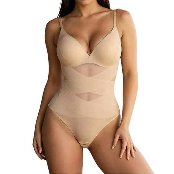 KHONTS Thong Shapewear Bodysuit For Women Tummy Control Body Shaper Faja Seamless Waist Trainer Corset Stomach Girdles Beige L