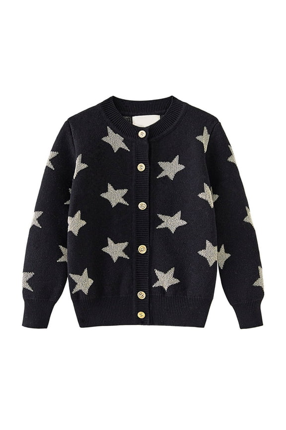 Toddler Baby Girl Knit Cardigan Sweater Newborn Star Patterns Button down Warm Crew Neck Comfort Long Sleeve Tops,Sizes 1-8 Years Black 140