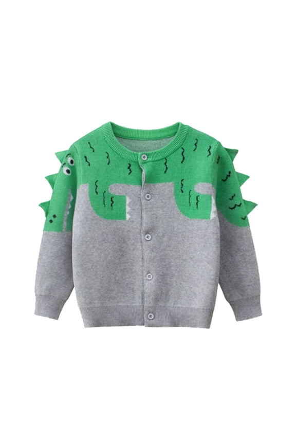 Toddler Boys Cartoon Dinosaur Button down Crew Neck Cardigan Cotton Knit Sweater Jacket, Sizes 1-7 Years Grey 90