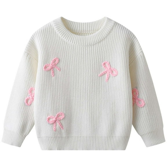 KHONTS Toddler Girl Bow Sweater Cute Knitted Pullover Crew Neck Long Sleeve Warm Fall Winter Clothes,Sizes 3M-7Y White 110