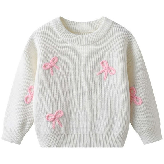 KHONTS Toddler Girl Bow Sweater Cute Knitted Pullover Crew Neck Long Sleeve Warm Fall Winter Clothes,Sizes 3M-7Y White 120