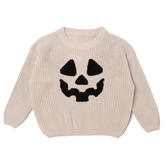 KHONTS Toddler Girl Boy Halloween Sweater Pumpkin Smile Embroidery Knitted Pullover Sweater Fall Winter Clothes,Sizes 3-7 Years Beige 3T