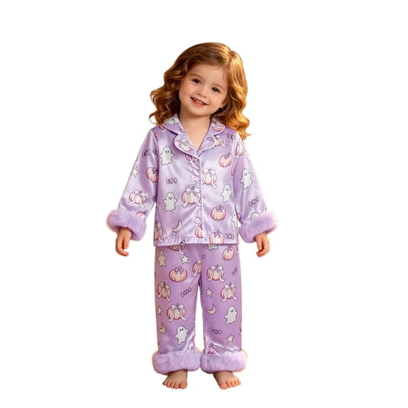 KHONTS Toddler Girl Halloween Pjs Sets Fuzzy Trim Spooky Bowknot Printed Button down Long Sleeve and Pants,Size 6M-4Y 3Y