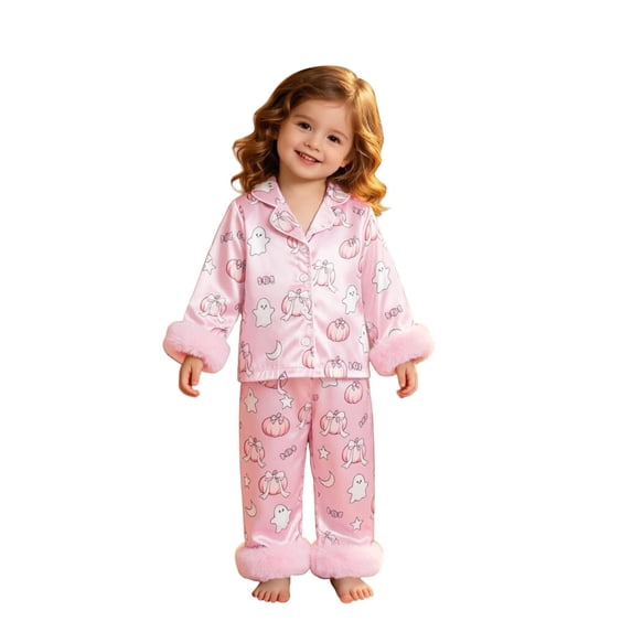 KHONTS Toddler Girl Halloween Pjs Sets Fuzzy Trim Spooky Bowknot Printed Button down Long Sleeve and Pants,Size 6M-4Y 4Y