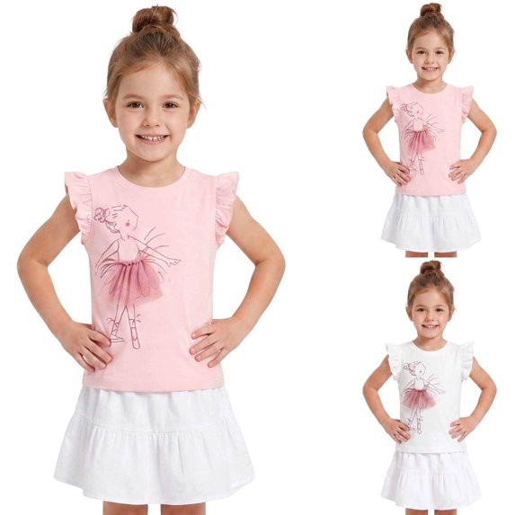 KHONTS Toddler Girl Shirts Sequin Cartoon Print Ruffled Fly Sleeve Round Neck Tees Summer Cute Breathable Casual T-Shirts White 7Y
