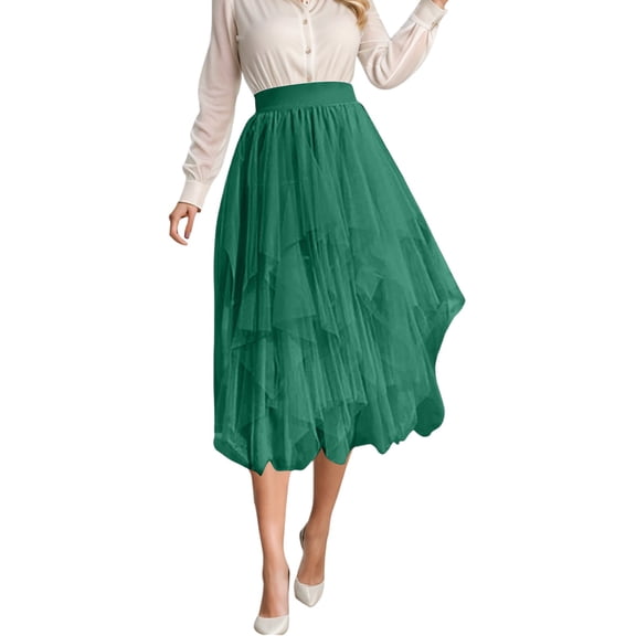 KHONTS Tulle Skirts for Women Midi Long Fairy Skirt Tutu A-Line Mesh Layered High Waist Elastic Skirts Dark Green S