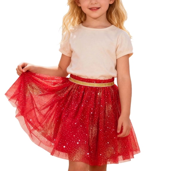 KHONTS Tutu Skirts for Girls Elastic Tulle Tutu Skirt with Sequin Stars Retro 80's Bubble Skirt,Size 2-12 Years Red 110