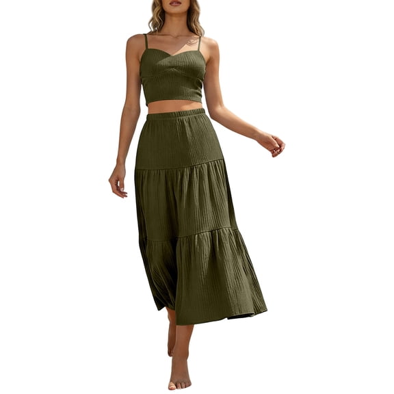KHONTS Two Piece Set for Women Boho Flowy A-Line Maxi Skirt Spaghetti Strap Crop Tops Summer Vacation Outfits Green S