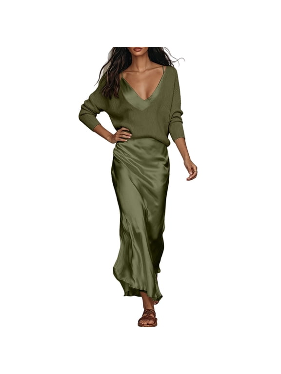 Two Piece Sets for Women Satin Sleeveless Elegant V-Neck Maxi Dresses Long Sleeve Loose Knit Sweater Outfits Army Green M