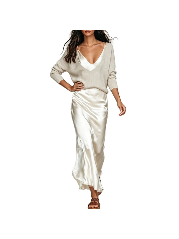Two Piece Sets for Women Satin Sleeveless Elegant V-Neck Maxi Dresses Long Sleeve Loose Knit Sweater Outfits Beige XS