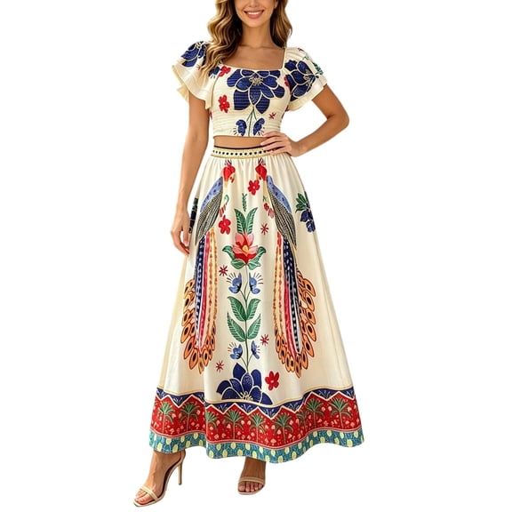 KHONTS Two Piece Sets for Women Summer Floral Print Bohemia Vacation Outfits Short Sleeve Tops Maxi Skirt for Going Out Beige M